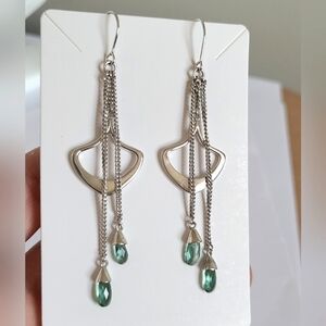 Vintage ELLE Sterling Silver Drop Dangle Green Aqua Tourmaline Crystal Earrings